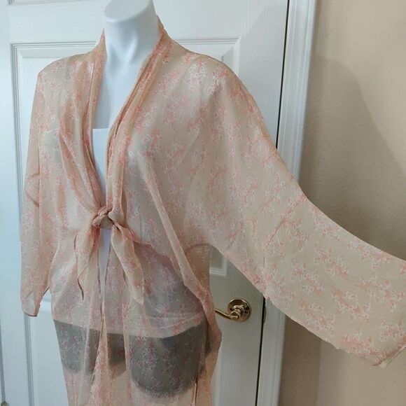 Vince Camuto sheer long silky floral open front drop shoulder kimono cardigan OS - Picture 4 of 11